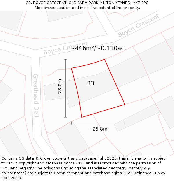 33, BOYCE CRESCENT, OLD FARM PARK, MILTON KEYNES, MK7 8PG: Plot and title map