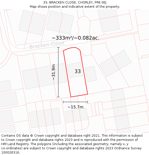 33, BRACKEN CLOSE, CHORLEY, PR6 0EJ: Plot and title map