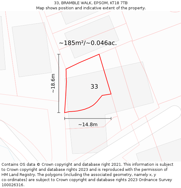 33, BRAMBLE WALK, EPSOM, KT18 7TB: Plot and title map