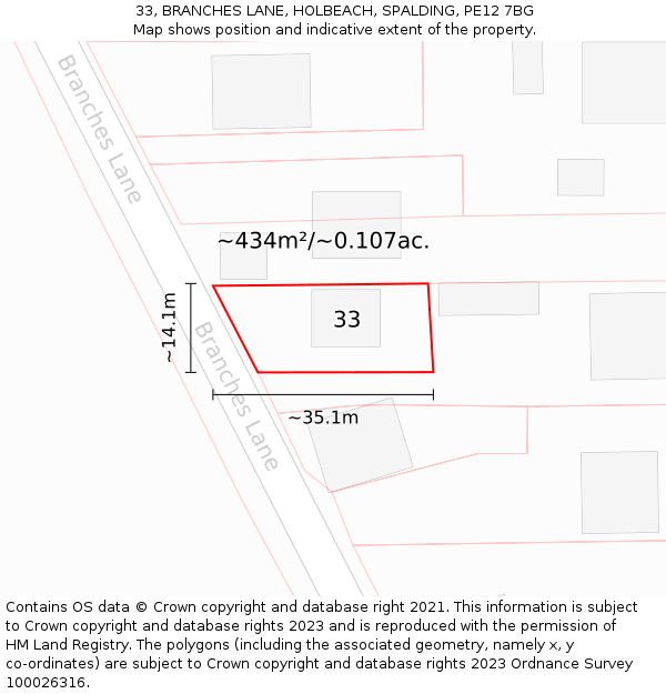 33, BRANCHES LANE, HOLBEACH, SPALDING, PE12 7BG: Plot and title map