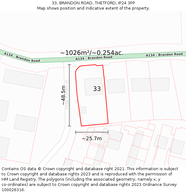 33, BRANDON ROAD, THETFORD, IP24 3PP: Plot and title map