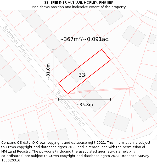 33, BREMNER AVENUE, HORLEY, RH6 8EP: Plot and title map