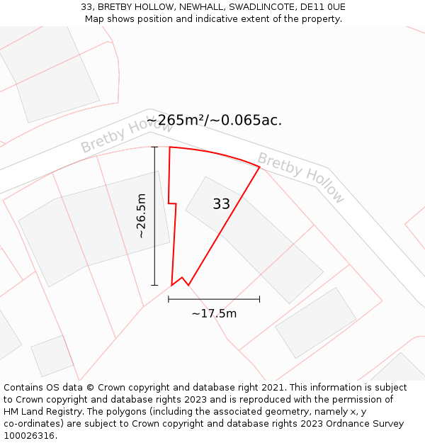 33, BRETBY HOLLOW, NEWHALL, SWADLINCOTE, DE11 0UE: Plot and title map