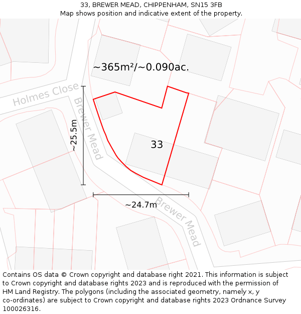 33, BREWER MEAD, CHIPPENHAM, SN15 3FB: Plot and title map