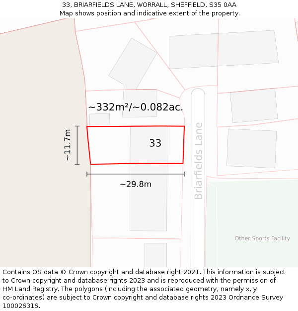 33, BRIARFIELDS LANE, WORRALL, SHEFFIELD, S35 0AA: Plot and title map