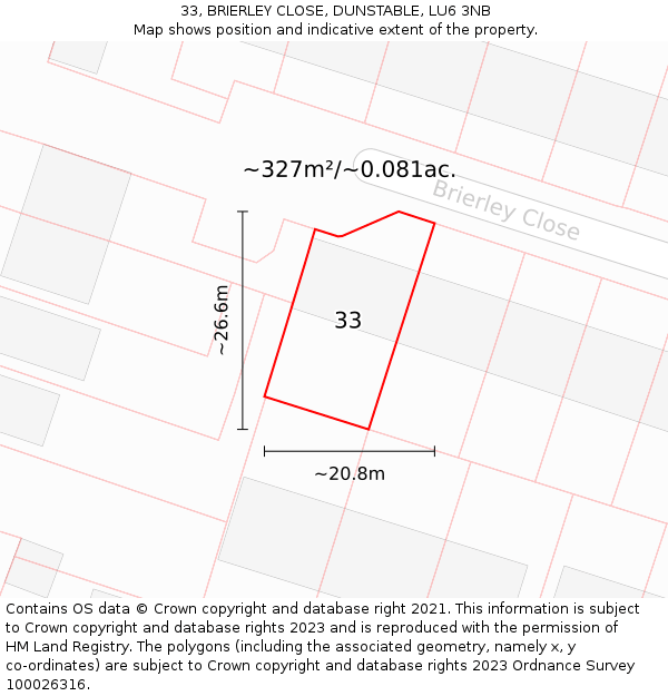 33, BRIERLEY CLOSE, DUNSTABLE, LU6 3NB: Plot and title map