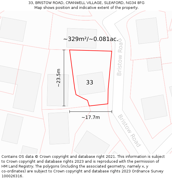 33, BRISTOW ROAD, CRANWELL VILLAGE, SLEAFORD, NG34 8FG: Plot and title map