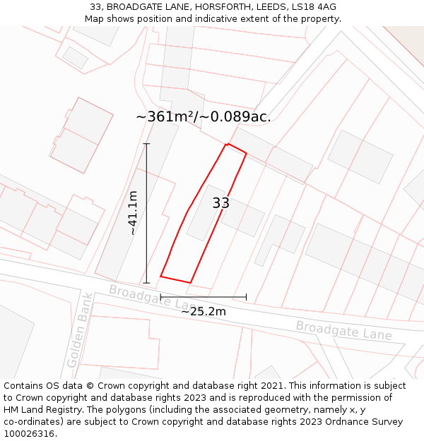 33, BROADGATE LANE, HORSFORTH, LEEDS, LS18 4AG: Plot and title map