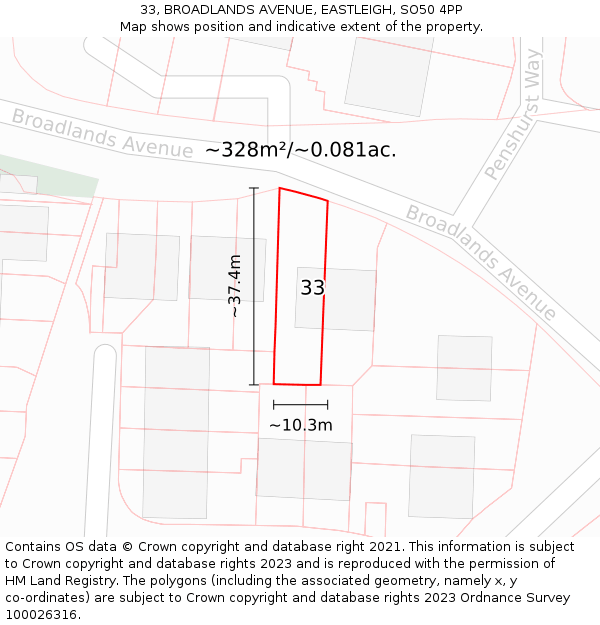 33, BROADLANDS AVENUE, EASTLEIGH, SO50 4PP: Plot and title map