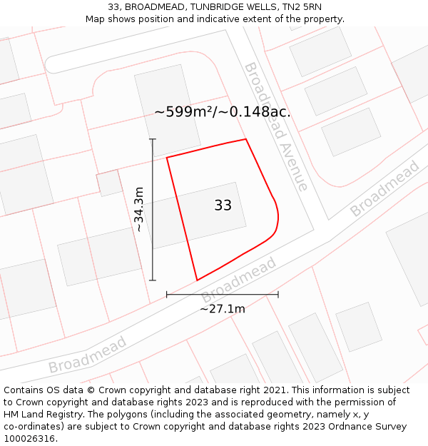 33, BROADMEAD, TUNBRIDGE WELLS, TN2 5RN: Plot and title map