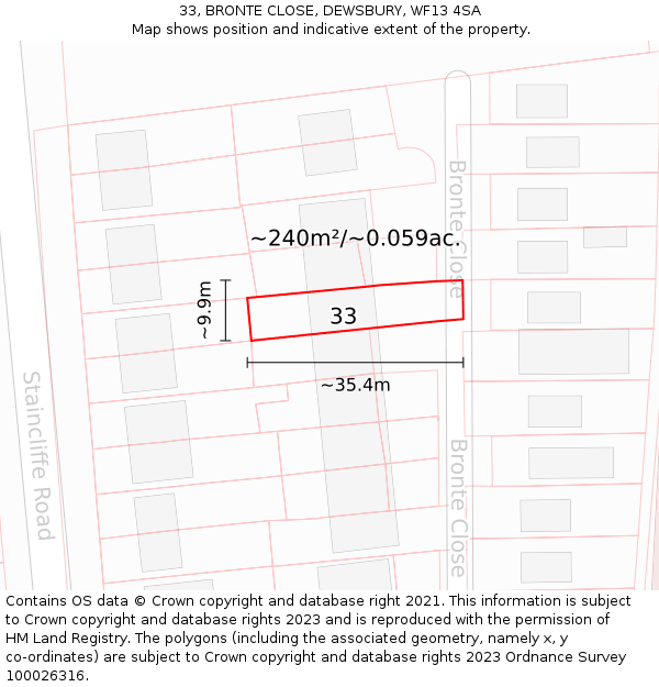 33, BRONTE CLOSE, DEWSBURY, WF13 4SA: Plot and title map