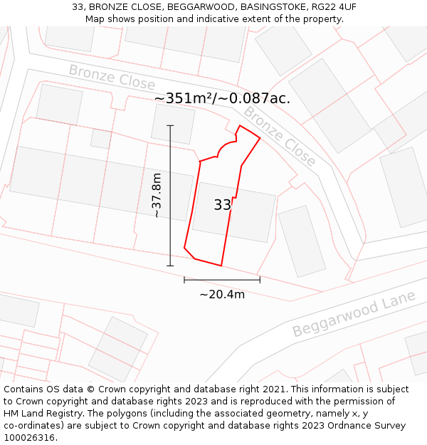 33, BRONZE CLOSE, BEGGARWOOD, BASINGSTOKE, RG22 4UF: Plot and title map