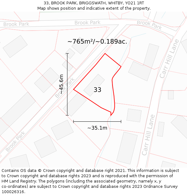 33, BROOK PARK, BRIGGSWATH, WHITBY, YO21 1RT: Plot and title map