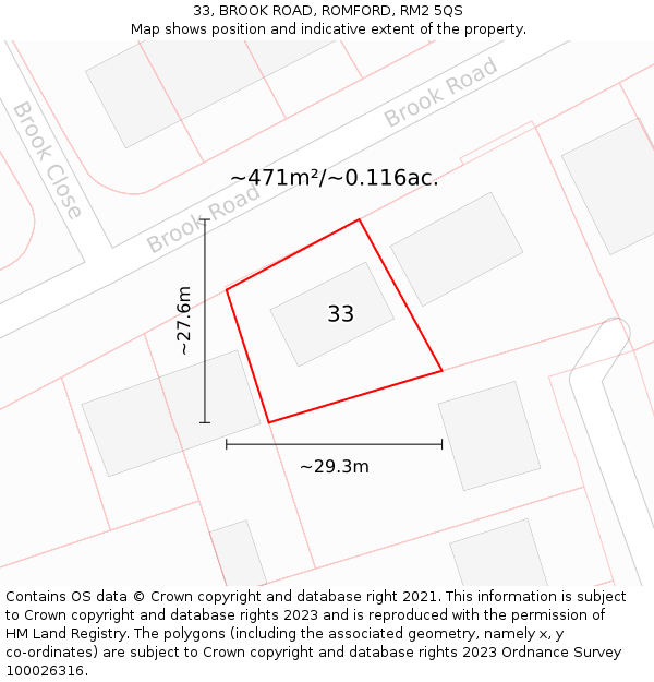 33, BROOK ROAD, ROMFORD, RM2 5QS: Plot and title map