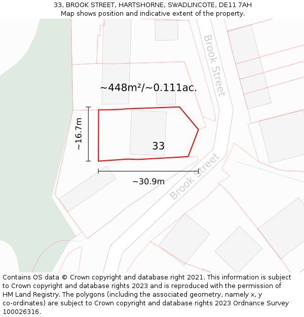 33, BROOK STREET, HARTSHORNE, SWADLINCOTE, DE11 7AH: Plot and title map