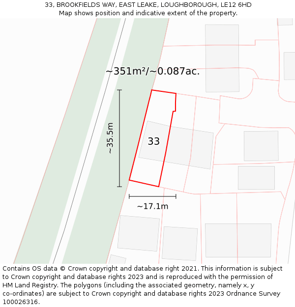 33, BROOKFIELDS WAY, EAST LEAKE, LOUGHBOROUGH, LE12 6HD: Plot and title map