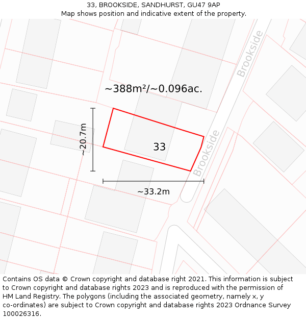 33, BROOKSIDE, SANDHURST, GU47 9AP: Plot and title map