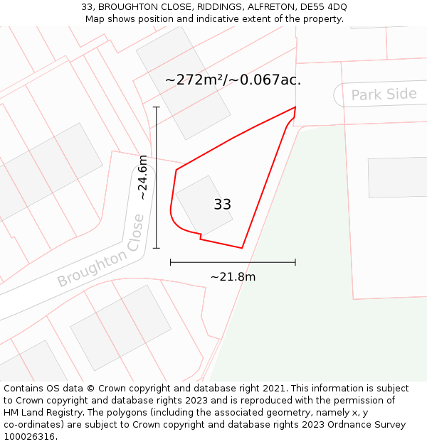 33, BROUGHTON CLOSE, RIDDINGS, ALFRETON, DE55 4DQ: Plot and title map
