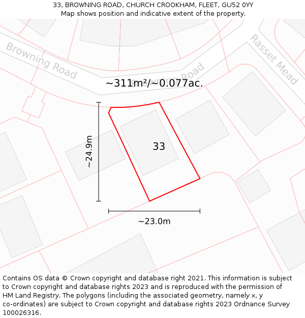 33, BROWNING ROAD, CHURCH CROOKHAM, FLEET, GU52 0YY: Plot and title map