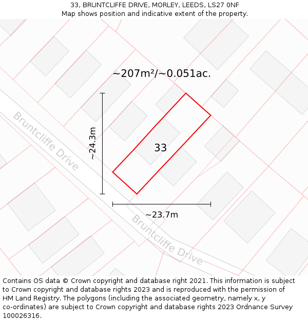 33, BRUNTCLIFFE DRIVE, MORLEY, LEEDS, LS27 0NF: Plot and title map