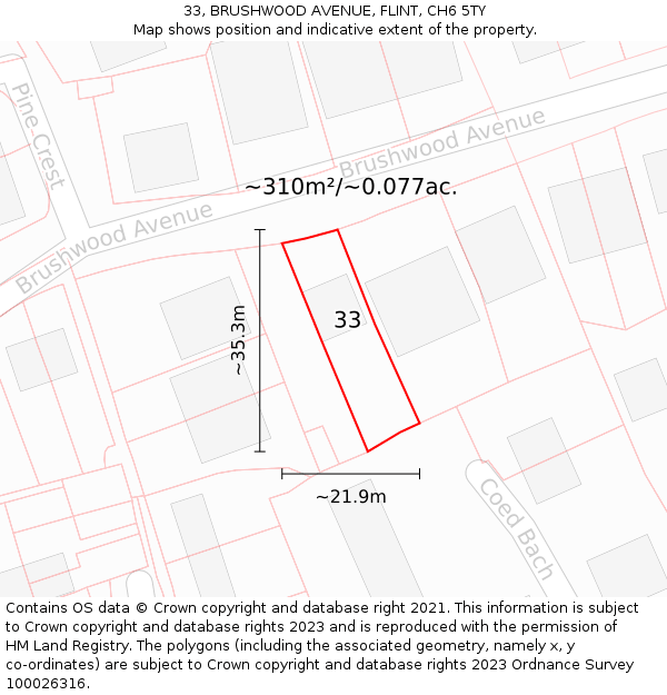 33, BRUSHWOOD AVENUE, FLINT, CH6 5TY: Plot and title map