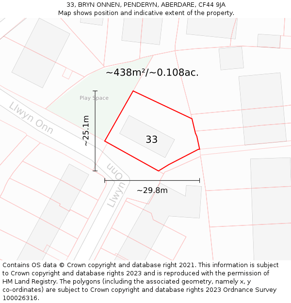 33, BRYN ONNEN, PENDERYN, ABERDARE, CF44 9JA: Plot and title map