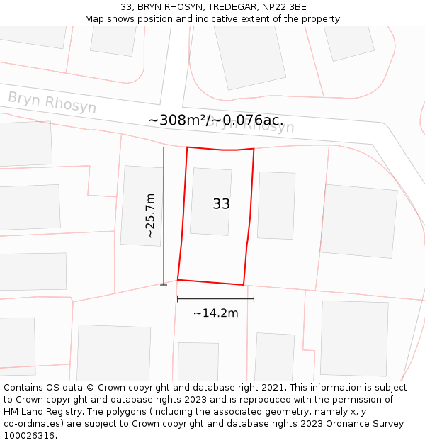 33, BRYN RHOSYN, TREDEGAR, NP22 3BE: Plot and title map