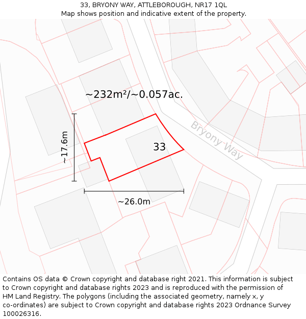 33, BRYONY WAY, ATTLEBOROUGH, NR17 1QL: Plot and title map
