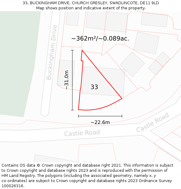 33, BUCKINGHAM DRIVE, CHURCH GRESLEY, SWADLINCOTE, DE11 9LD: Plot and title map