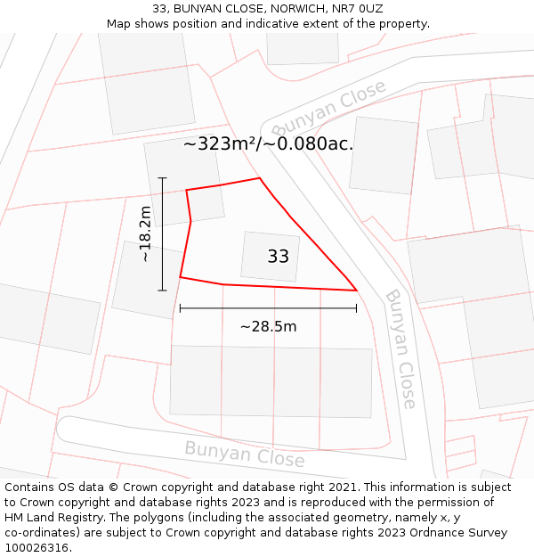 33, BUNYAN CLOSE, NORWICH, NR7 0UZ: Plot and title map
