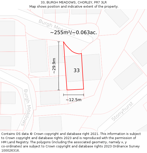 33, BURGH MEADOWS, CHORLEY, PR7 3LR: Plot and title map