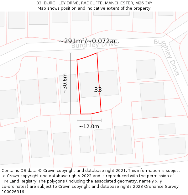 33, BURGHLEY DRIVE, RADCLIFFE, MANCHESTER, M26 3XY: Plot and title map