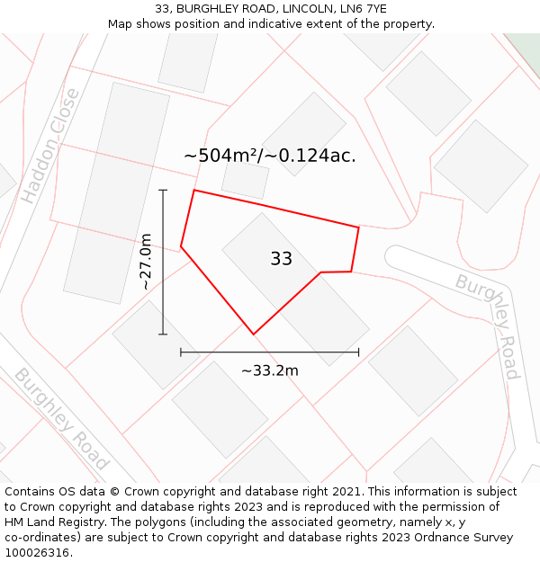 33, BURGHLEY ROAD, LINCOLN, LN6 7YE: Plot and title map