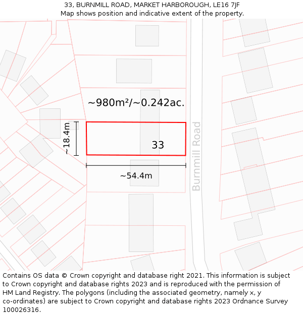 33, BURNMILL ROAD, MARKET HARBOROUGH, LE16 7JF: Plot and title map