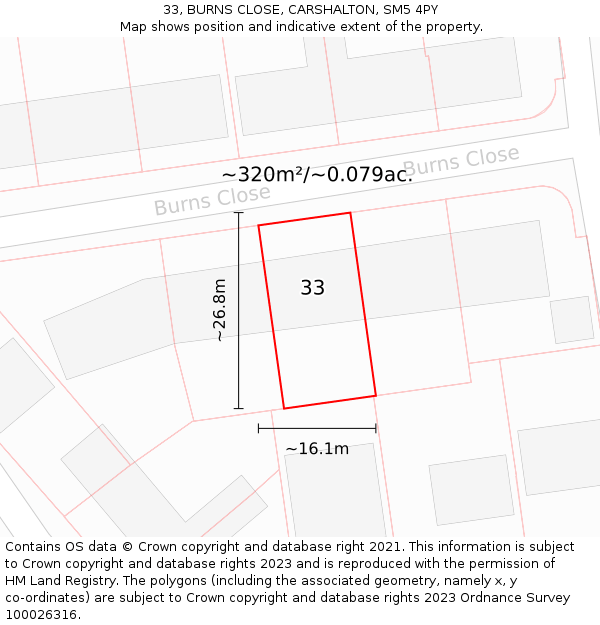 33, BURNS CLOSE, CARSHALTON, SM5 4PY: Plot and title map