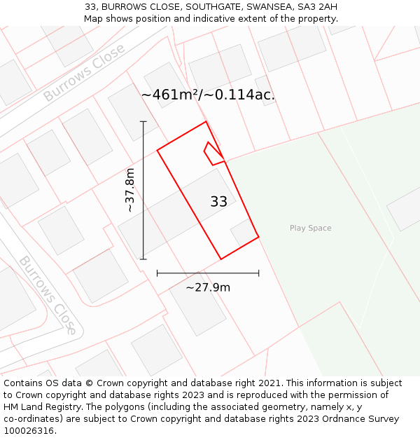 33, BURROWS CLOSE, SOUTHGATE, SWANSEA, SA3 2AH: Plot and title map
