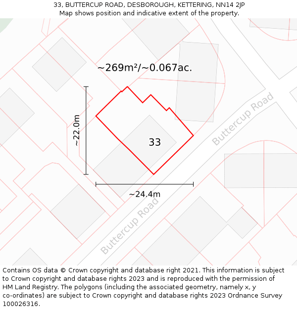33, BUTTERCUP ROAD, DESBOROUGH, KETTERING, NN14 2JP: Plot and title map