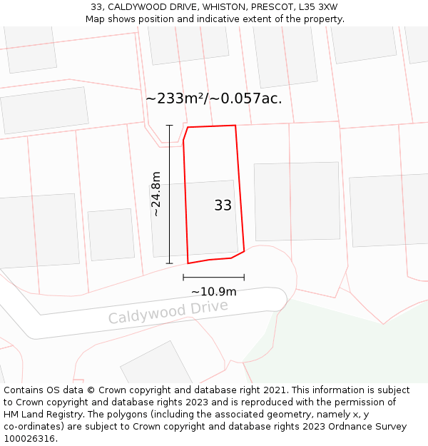 33, CALDYWOOD DRIVE, WHISTON, PRESCOT, L35 3XW: Plot and title map