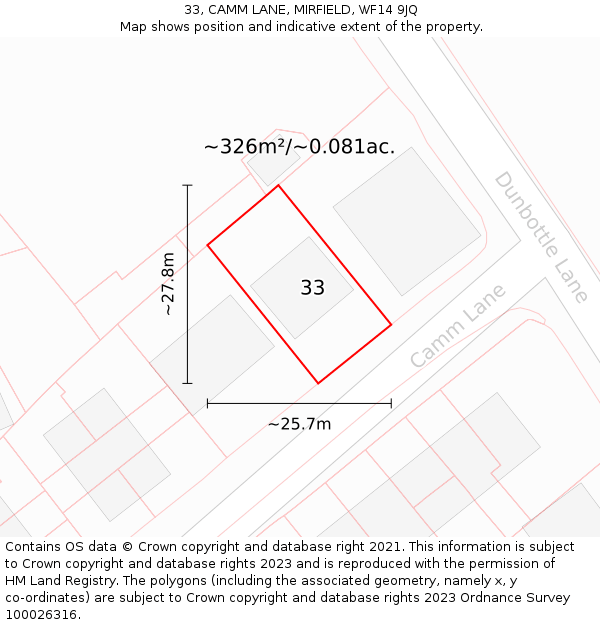 33, CAMM LANE, MIRFIELD, WF14 9JQ: Plot and title map