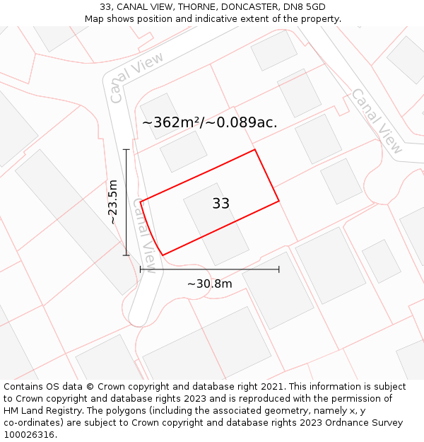33, CANAL VIEW, THORNE, DONCASTER, DN8 5GD: Plot and title map