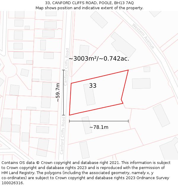 33, CANFORD CLIFFS ROAD, POOLE, BH13 7AQ: Plot and title map
