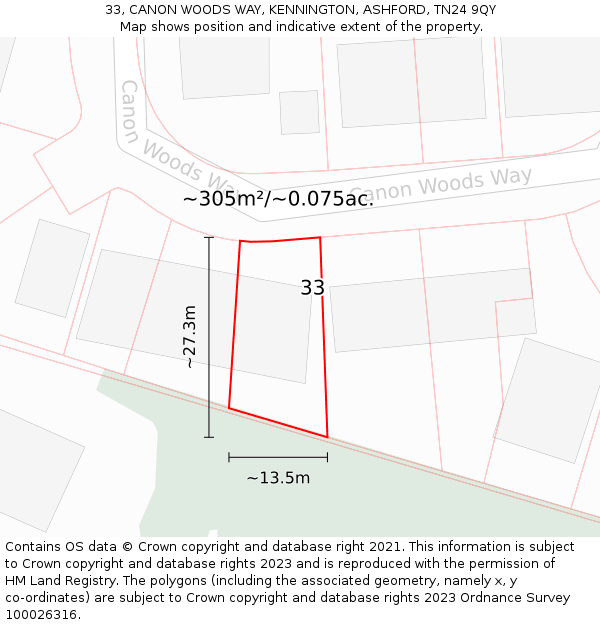 33, CANON WOODS WAY, KENNINGTON, ASHFORD, TN24 9QY: Plot and title map