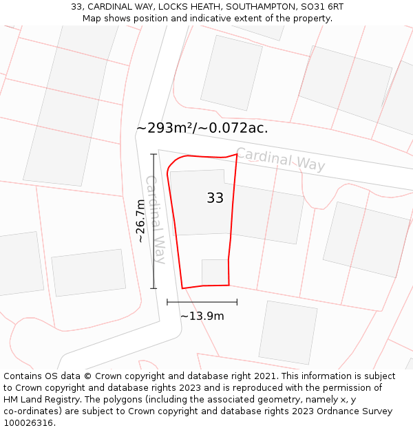 33, CARDINAL WAY, LOCKS HEATH, SOUTHAMPTON, SO31 6RT: Plot and title map