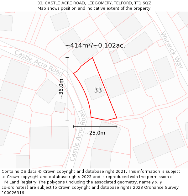 33, CASTLE ACRE ROAD, LEEGOMERY, TELFORD, TF1 6QZ: Plot and title map