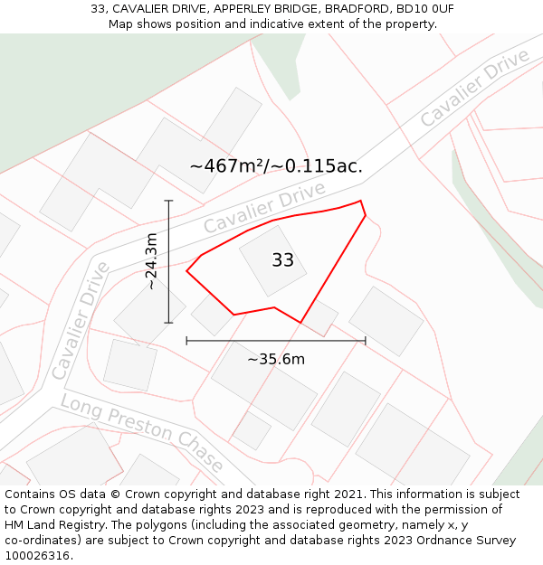 33, CAVALIER DRIVE, APPERLEY BRIDGE, BRADFORD, BD10 0UF: Plot and title map