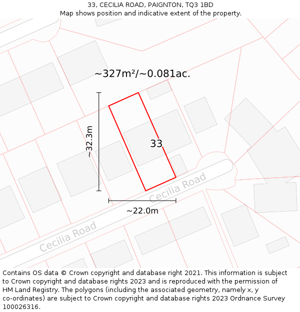 33, CECILIA ROAD, PAIGNTON, TQ3 1BD: Plot and title map