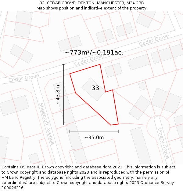 33, CEDAR GROVE, DENTON, MANCHESTER, M34 2BD: Plot and title map