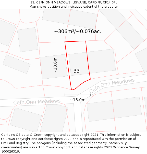 33, CEFN ONN MEADOWS, LISVANE, CARDIFF, CF14 0FL: Plot and title map