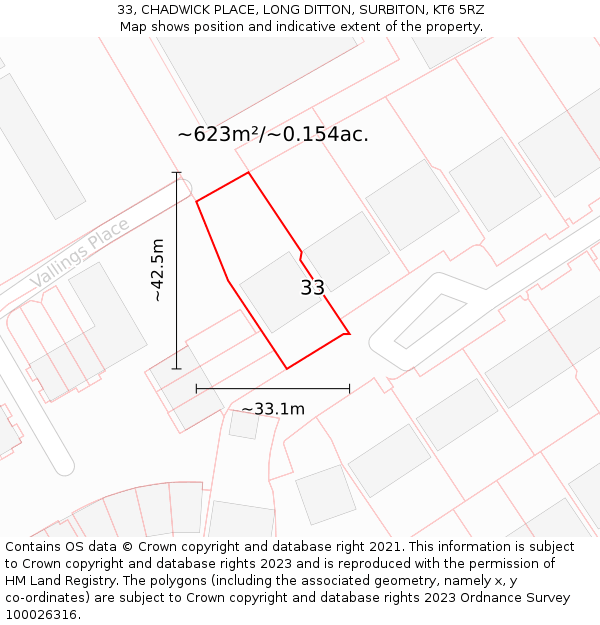 33, CHADWICK PLACE, LONG DITTON, SURBITON, KT6 5RZ: Plot and title map