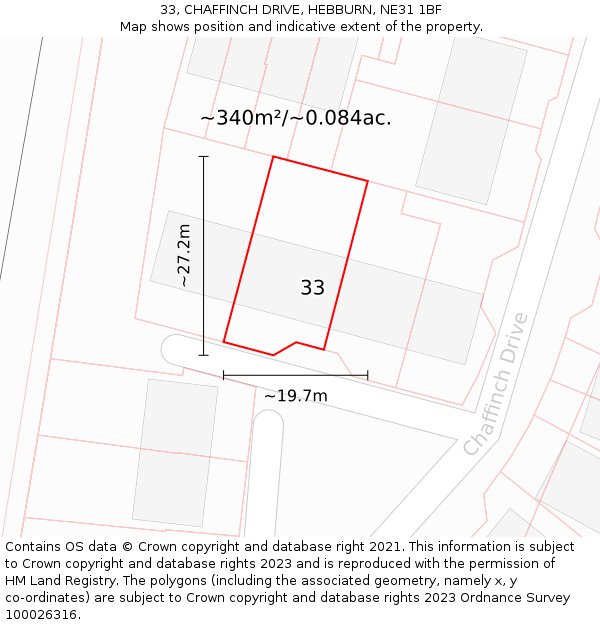 33, CHAFFINCH DRIVE, HEBBURN, NE31 1BF: Plot and title map